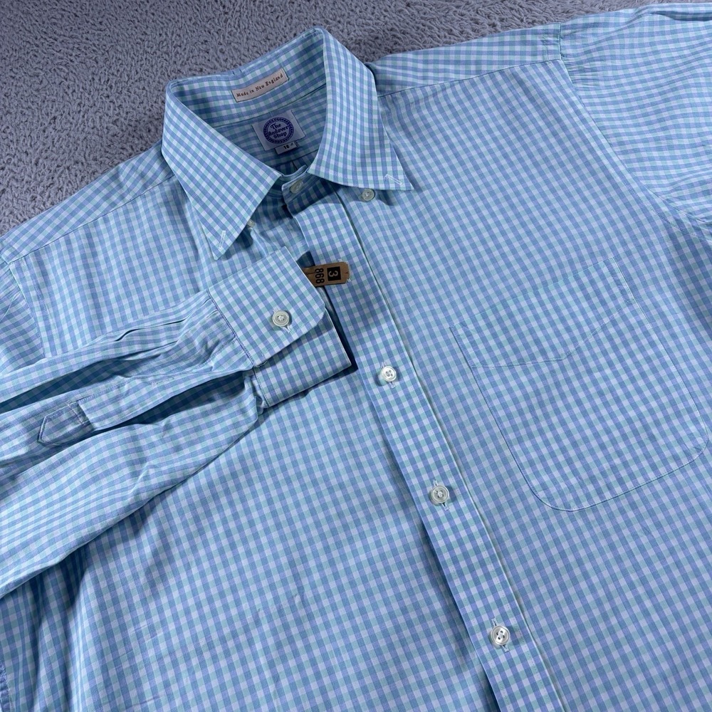 Andover Shop Dress Shirt Mens 16 Blue Gingham Plaid New England USA